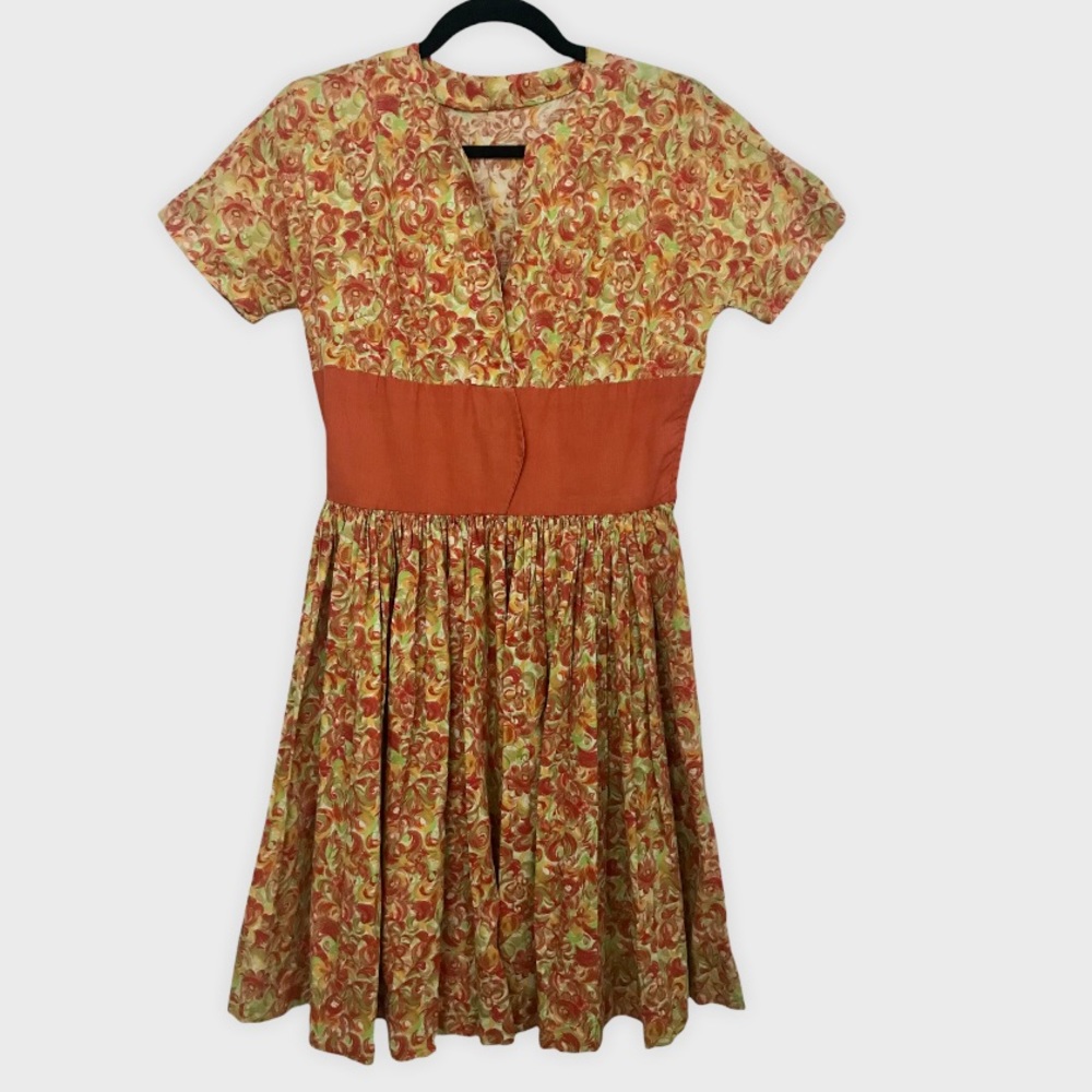Vintage 50s 60s Cotton Fit & Flare Day Dress Orange Floral Print Psychedelic